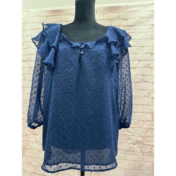 Gibson look 3/4 sleeve navy blue ruffle blouse size medium - Picture 3 of 10